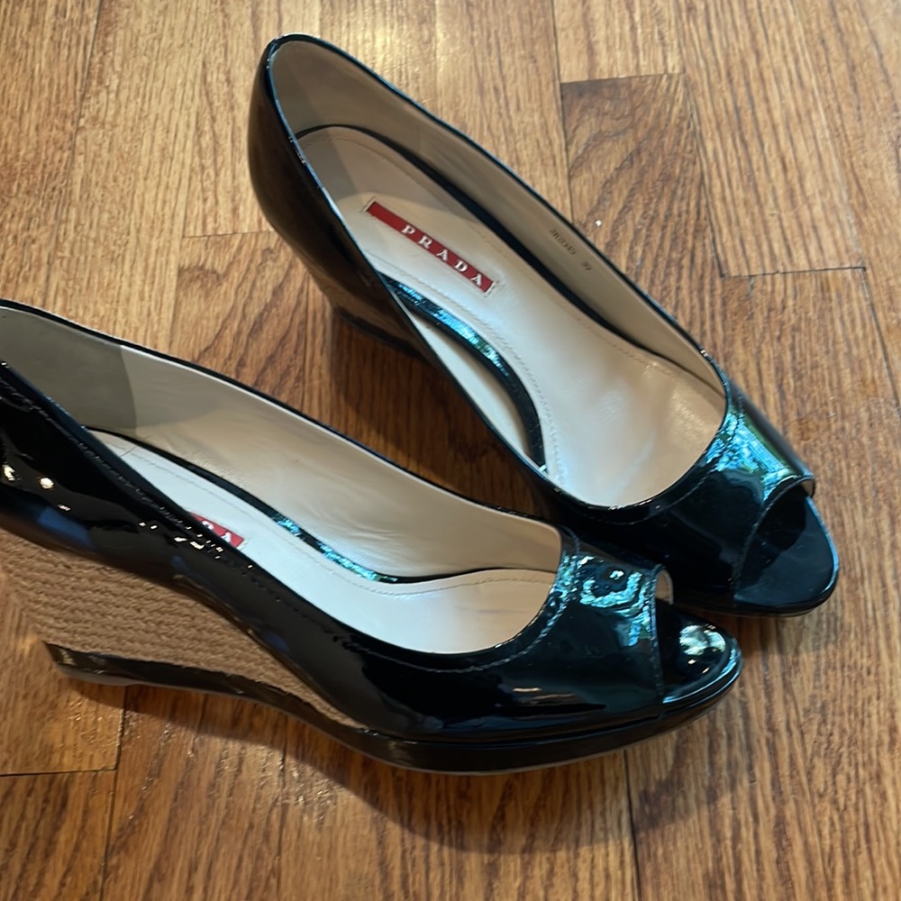 Prada Wedge Sandals In Black Patent 39 - image 7
